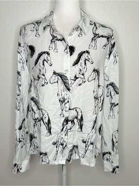 Jane and Delancey White Button-Down Shirt with Black Horse Print
